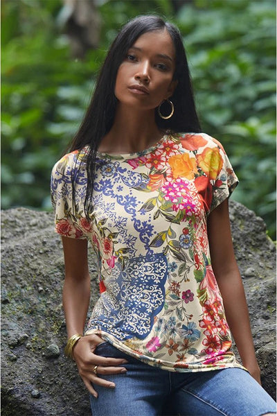 Tango Relaxed Dolman Sleeve Tunic - Floral Print - Tunic - Posing on a Rock.