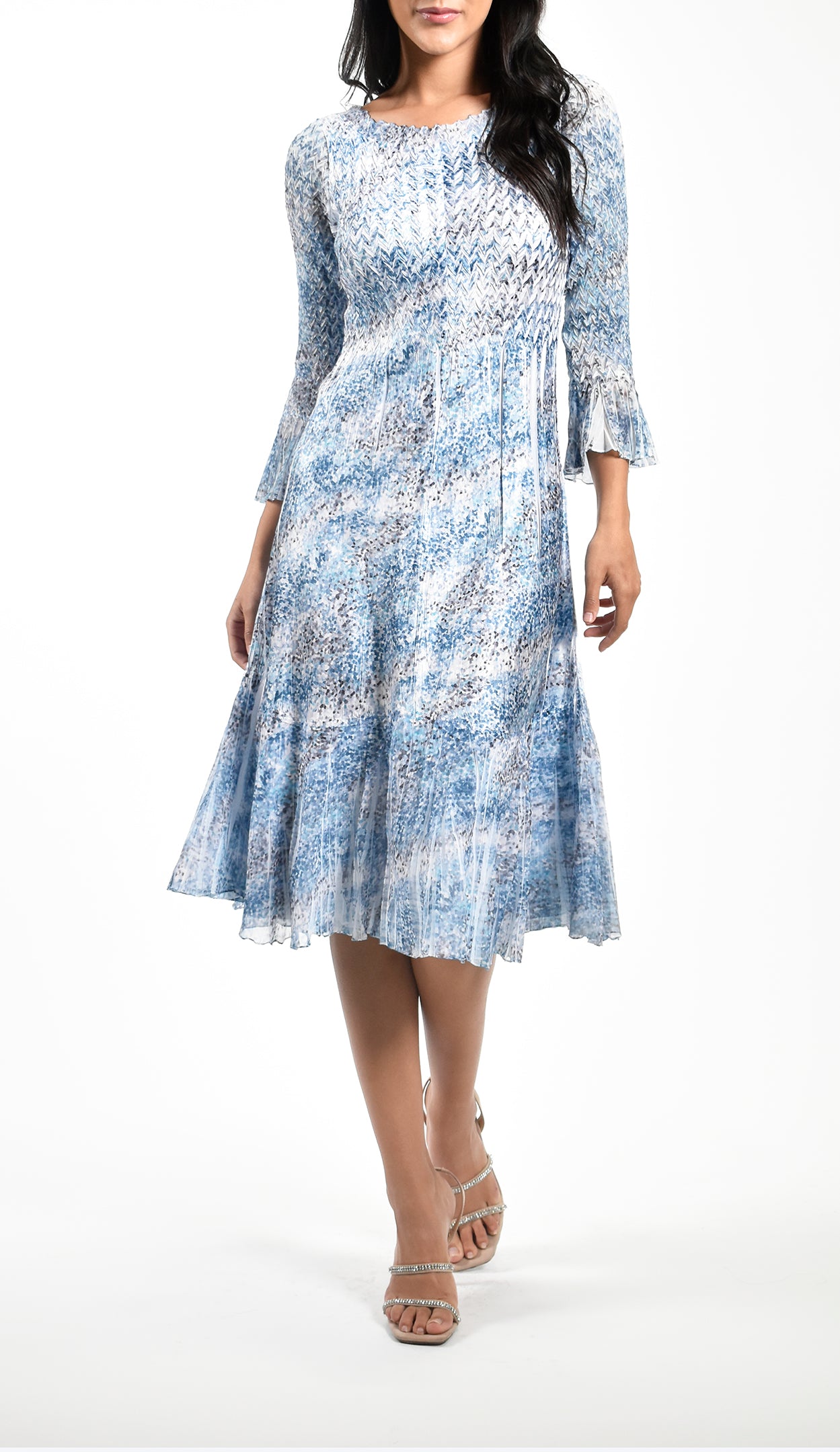 3/4 Flutter Sleeve Printed Dress Front.