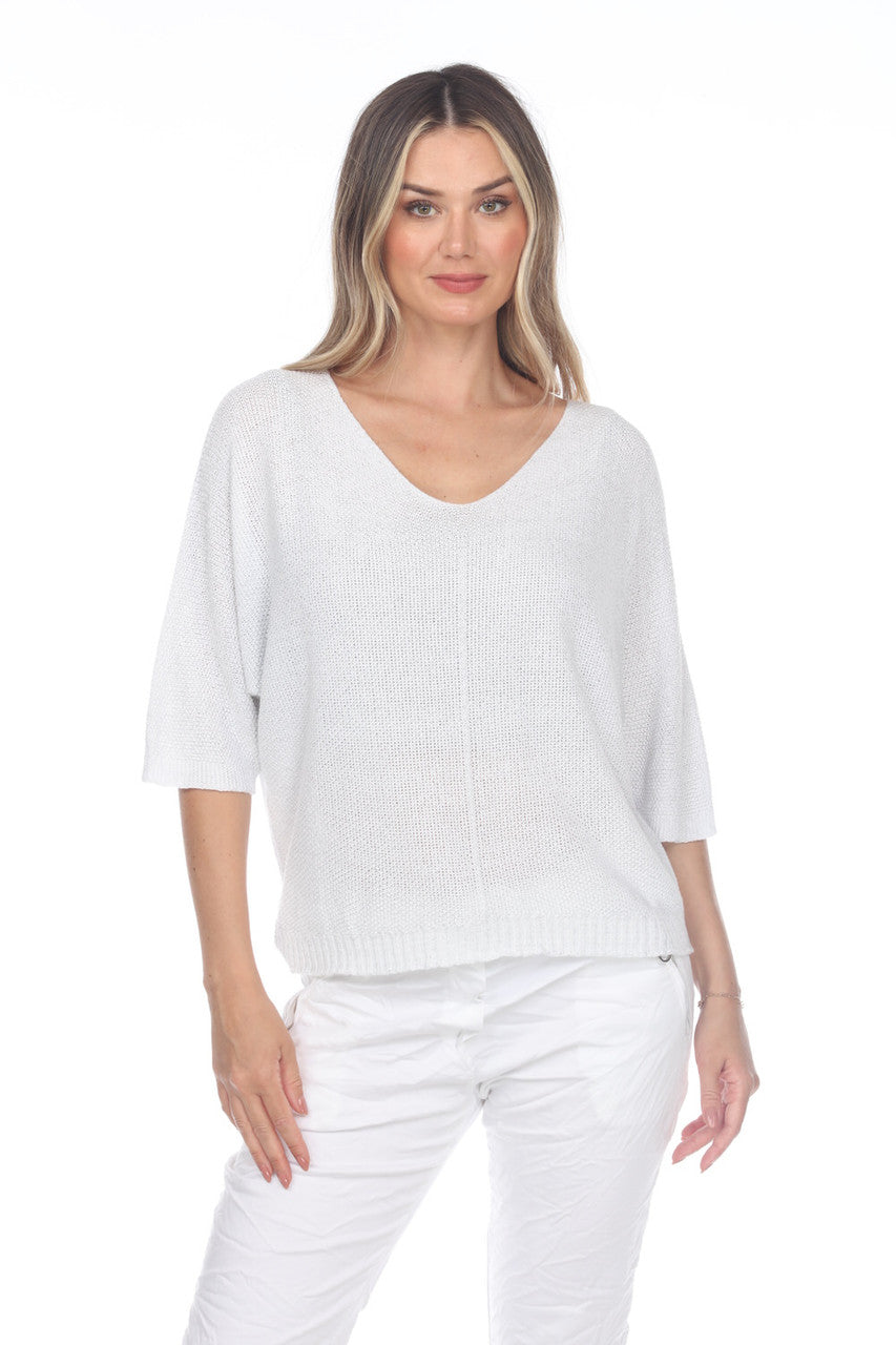 Flora Ashley Knit Lurex Sweater White Front Hands at Side.