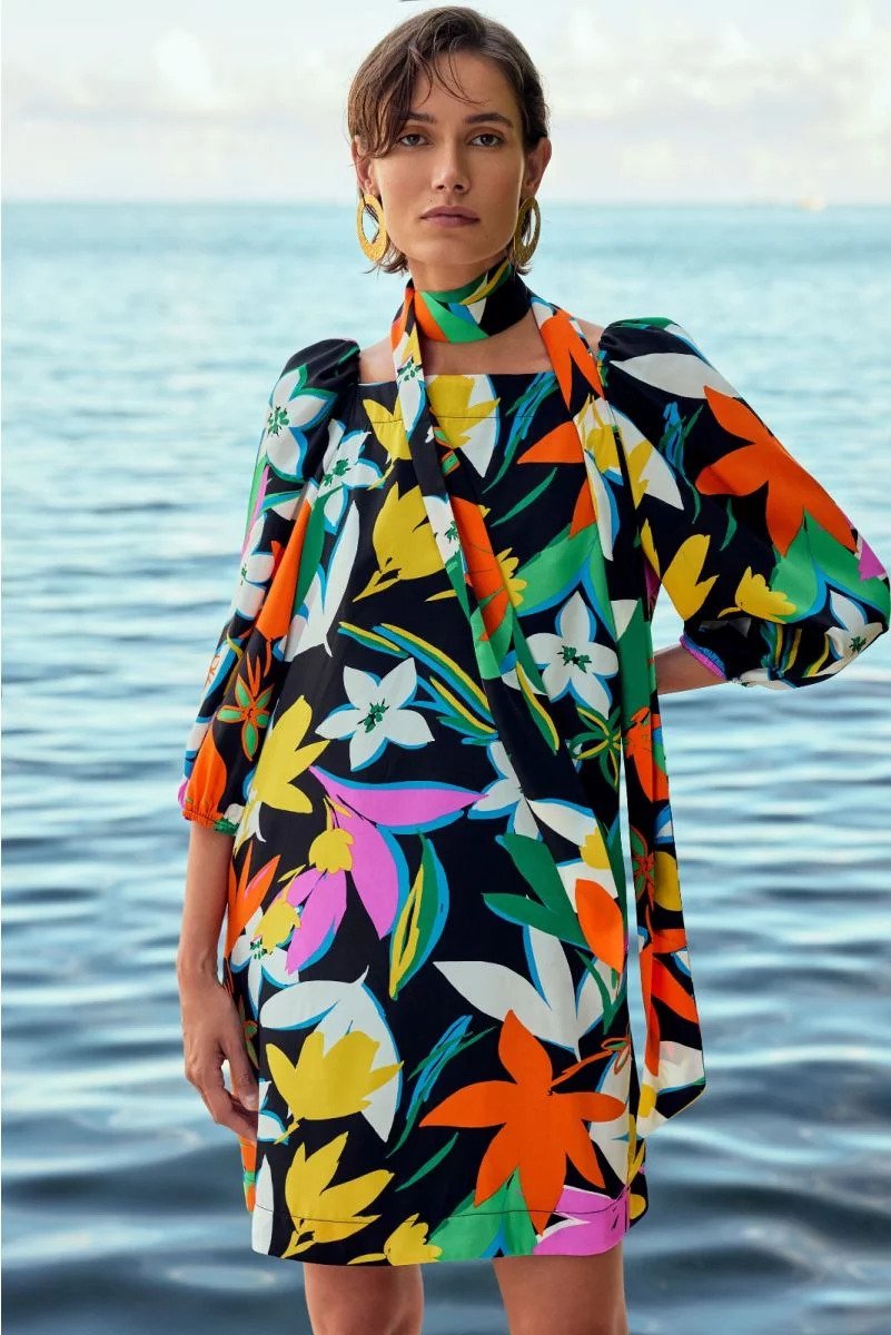 Black/Multi Floral Print Satin Dress Style 241251