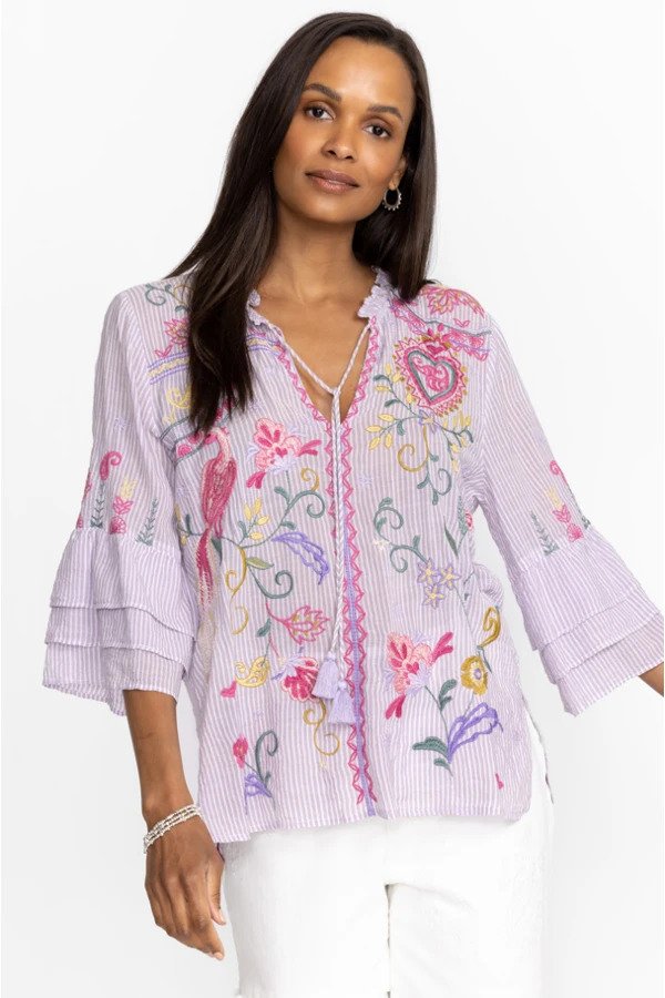 Ashlee Ruffle Sleeve Embroidered Blouse Pose. 