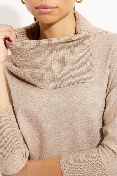 Asymmetrical Neckline Top Style 233955 Latte Melange Neck Close-up.