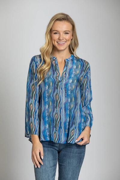 Blue Abalone Inspired Print with Tasseled V-Neck Top Front.