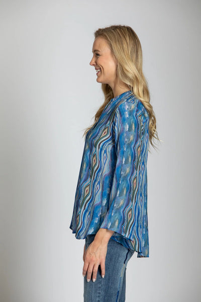 Blue Abalone Inspired Print with Tasseled V-Neck Top Side.