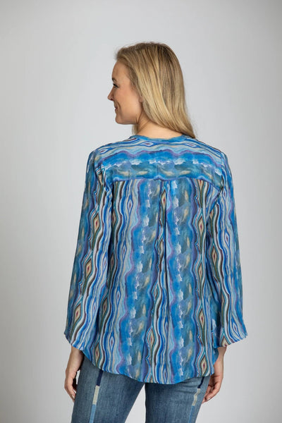 Blue Abalone Inspired Print with Tasseled V-Neck Top Back.