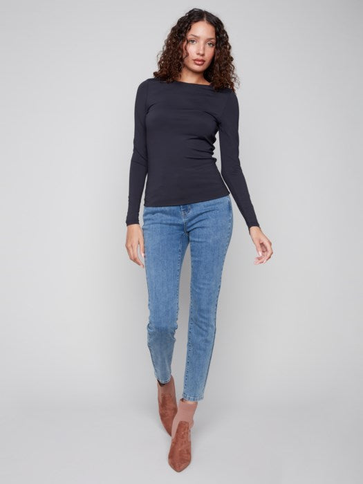 Charlie B Long Sleeve "Second-Skin" Double Cloth Knit Top Black 2