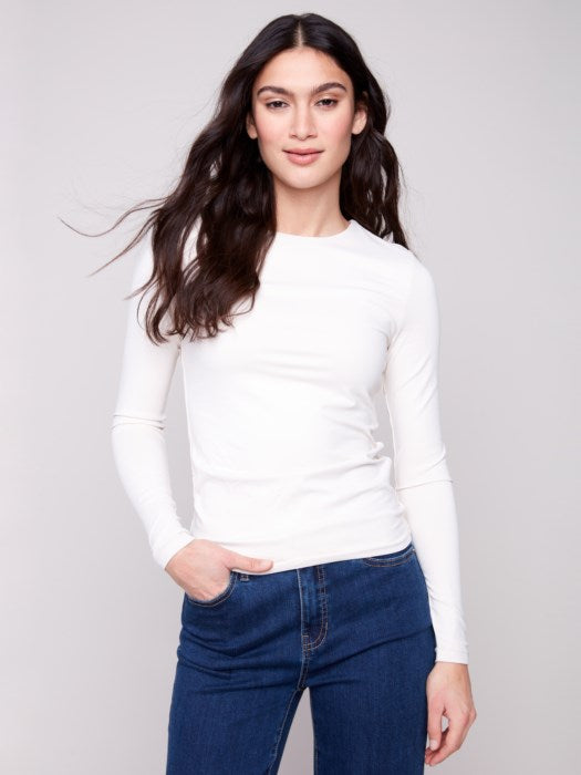 Charlie B Long Sleeve "Second-Skin" Double Cloth Knit Top Natural 1