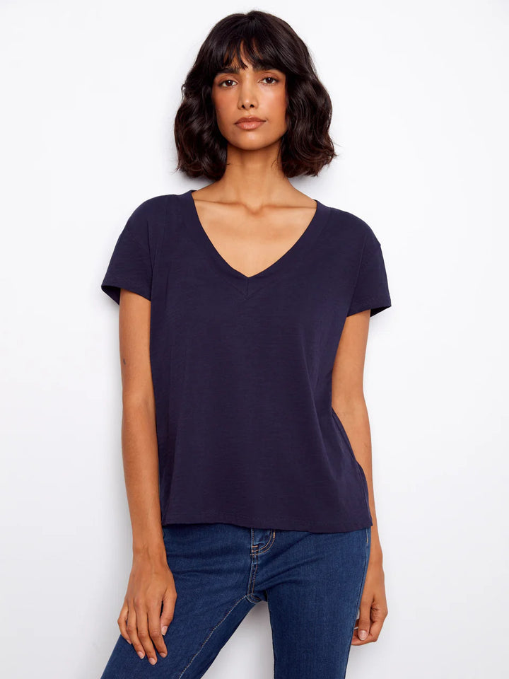 Charlie B Organic Cotton Drop Shoulder V-Neck T-Shirt Navy 1