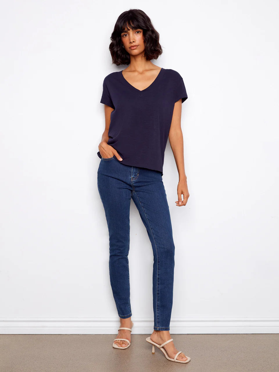Charlie B Organic Cotton Drop Shoulder V-Neck T-Shirt Navy 2