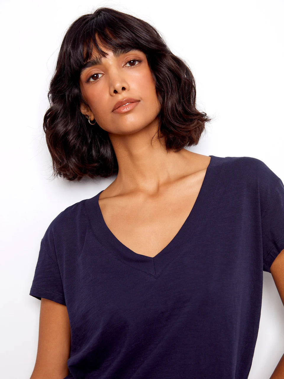 Charlie B Organic Cotton Drop Shoulder V-Neck T-Shirt Navy 3