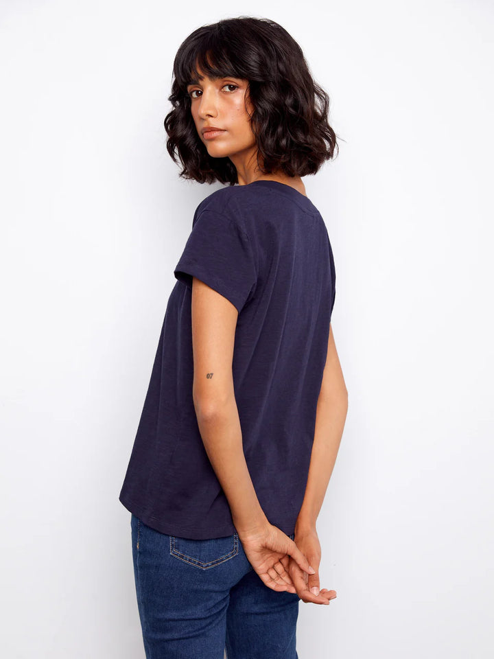 Charlie B Organic Cotton Drop Shoulder V-Neck T-Shirt Navy 5