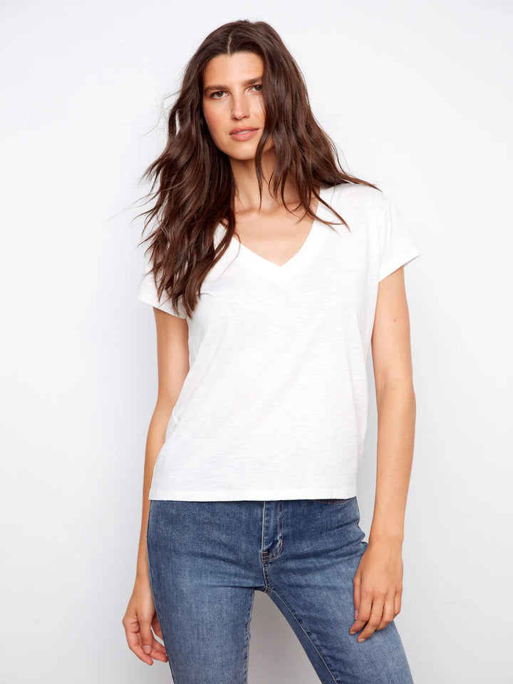 Charlie B Organic Cotton Drop Shoulder V-Neck T-Shirt White 1