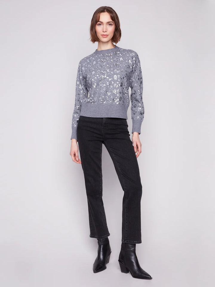 Charlie B Sequined Crew Neck Sweater Dark Heather Grey 2