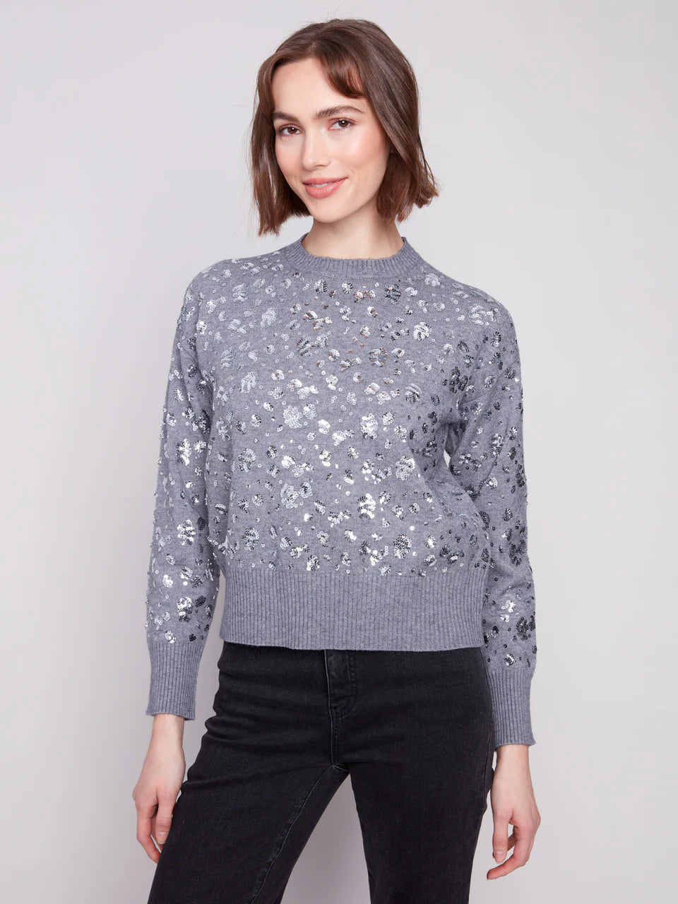 Charlie B Sequined Crew Neck Sweater Dark Heather Grey 3