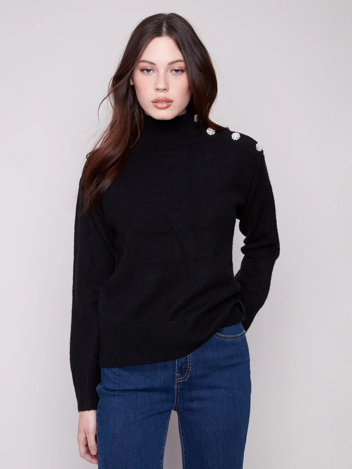 Charlie B Mock Neck Sweater With Fancy Buttons - Black 1