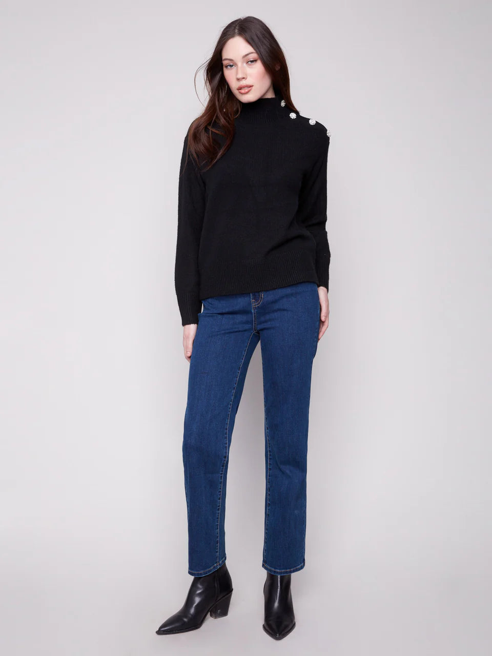 Charlie B Mock Neck Sweater With Fancy Buttons - Black 2