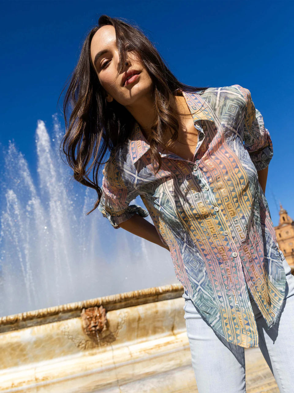 Charlie B Foiled Printed Crinkle Shirt - Marigold 2