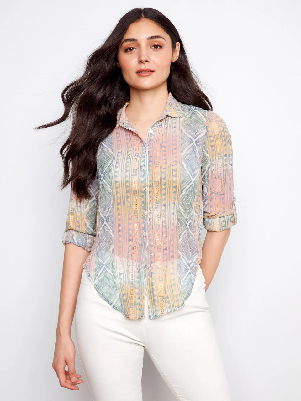 Charlie B Foiled Printed Crinkle Shirt - Marigold 3