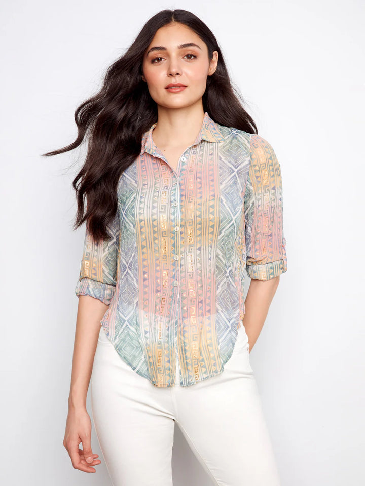 Charlie B Foiled Printed Crinkle Shirt - Marigold 3
