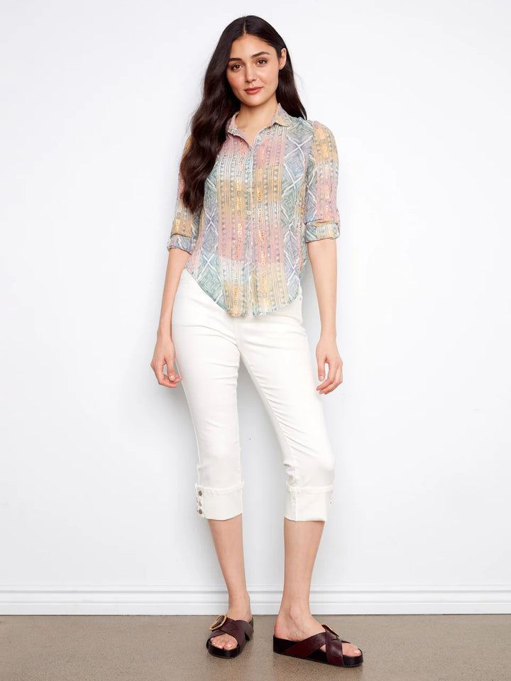 Charlie B Foiled Printed Crinkle Shirt - Marigold 4