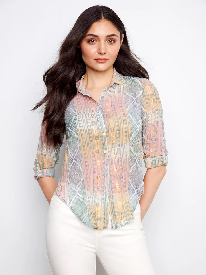 Charlie B Foiled Printed Crinkle Shirt - Marigold 5