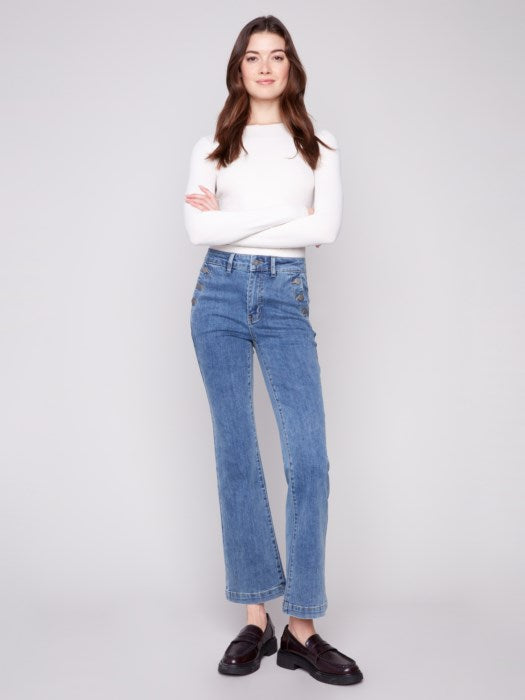 Charlie B Flare Leg Stretch Denim Pants With Buttons At Side Pockets 1