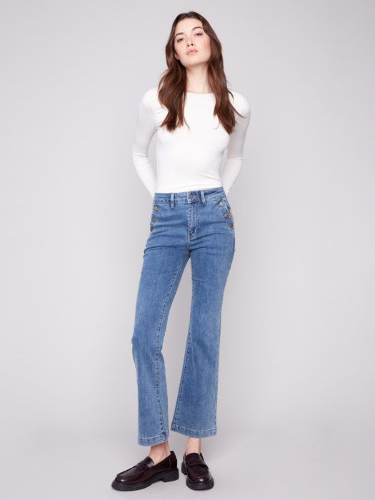 Charlie B Flare Leg Stretch Denim Pants With Buttons At Side Pockets 3