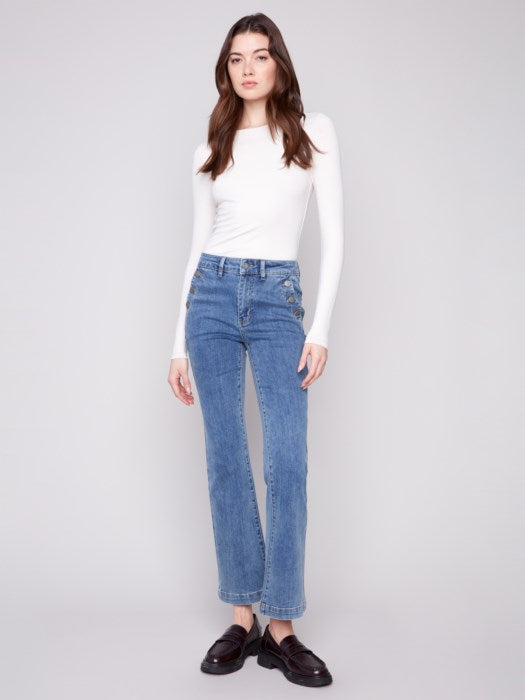 Charlie B Flare Leg Stretch Denim Pants With Buttons At Side Pockets 4