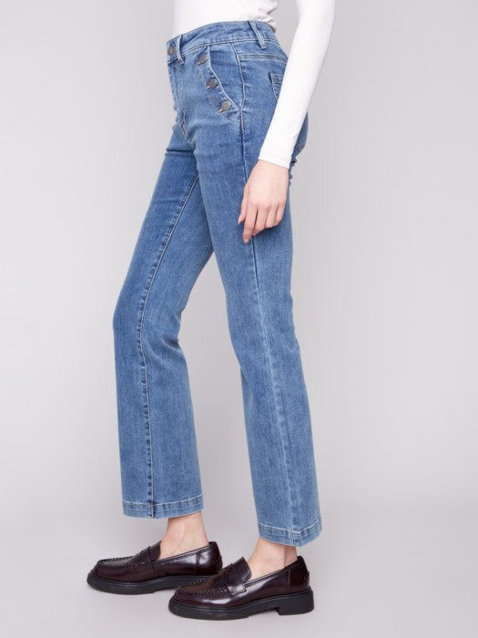 Charlie B Flare Leg Stretch Denim Pants With Buttons At Side Pockets 5