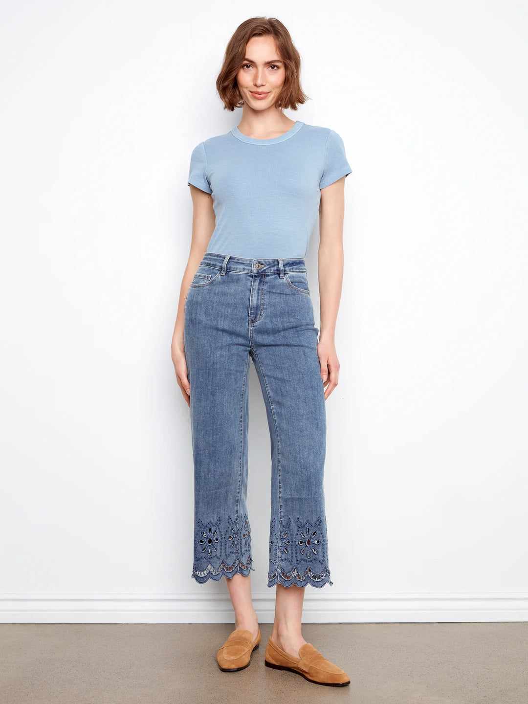 Charlie B Eyelet Hem Wide Leg Stretch Denim Jeans 2