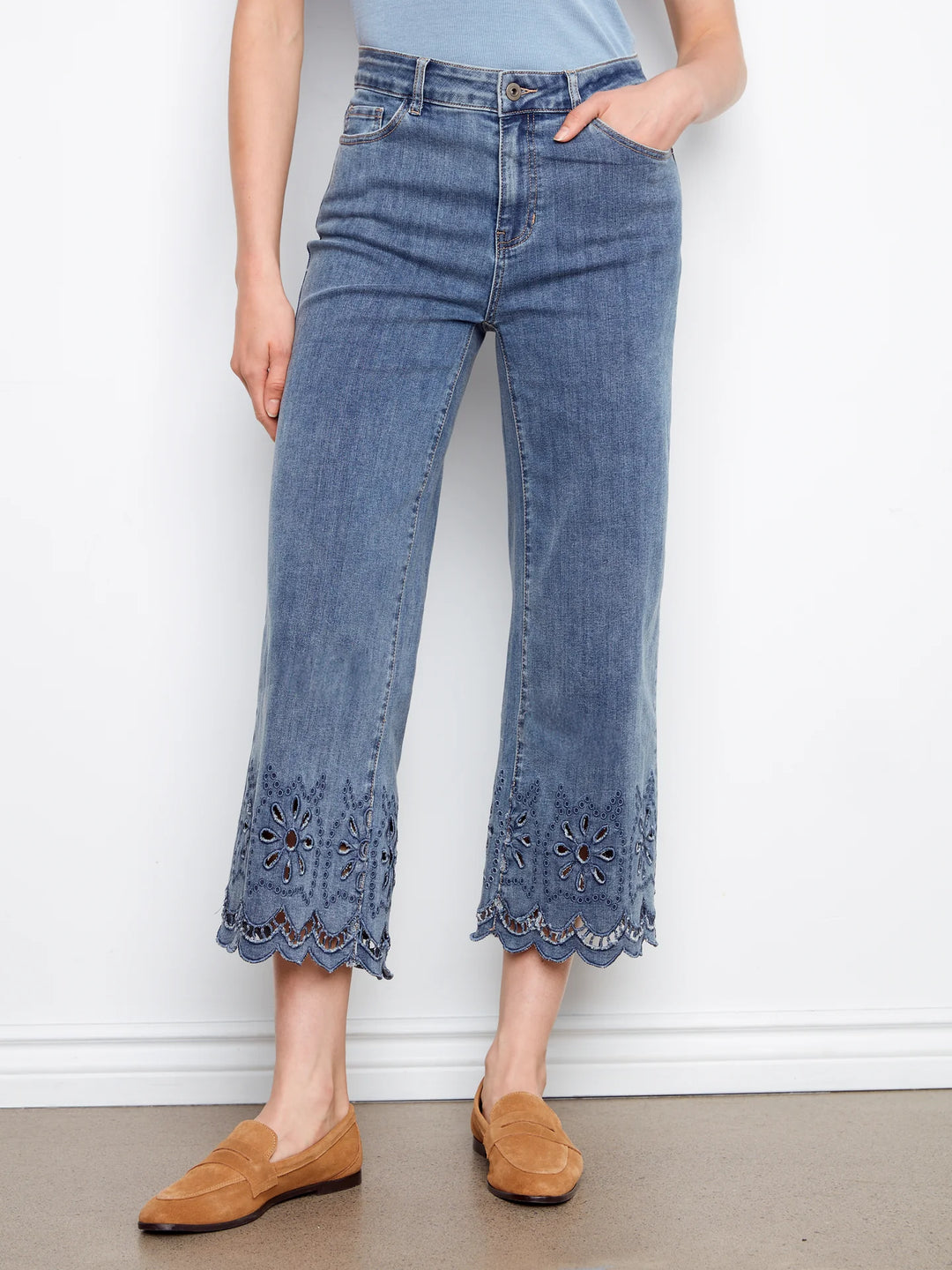 Charlie B Eyelet Hem Wide Leg Stretch Denim Jeans 3