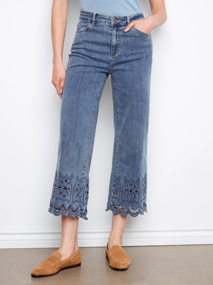 Charlie B Eyelet Hem Wide Leg Stretch Denim Jeans 3