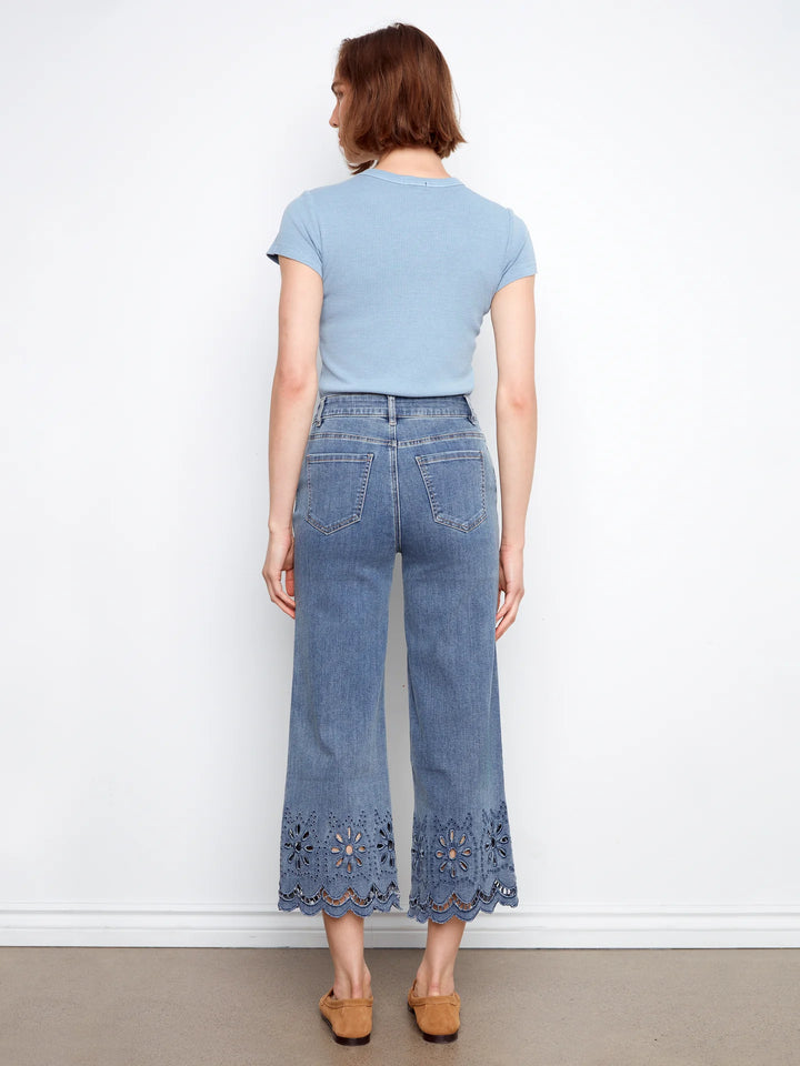 Charlie B Eyelet Hem Wide Leg Stretch Denim Jeans 4