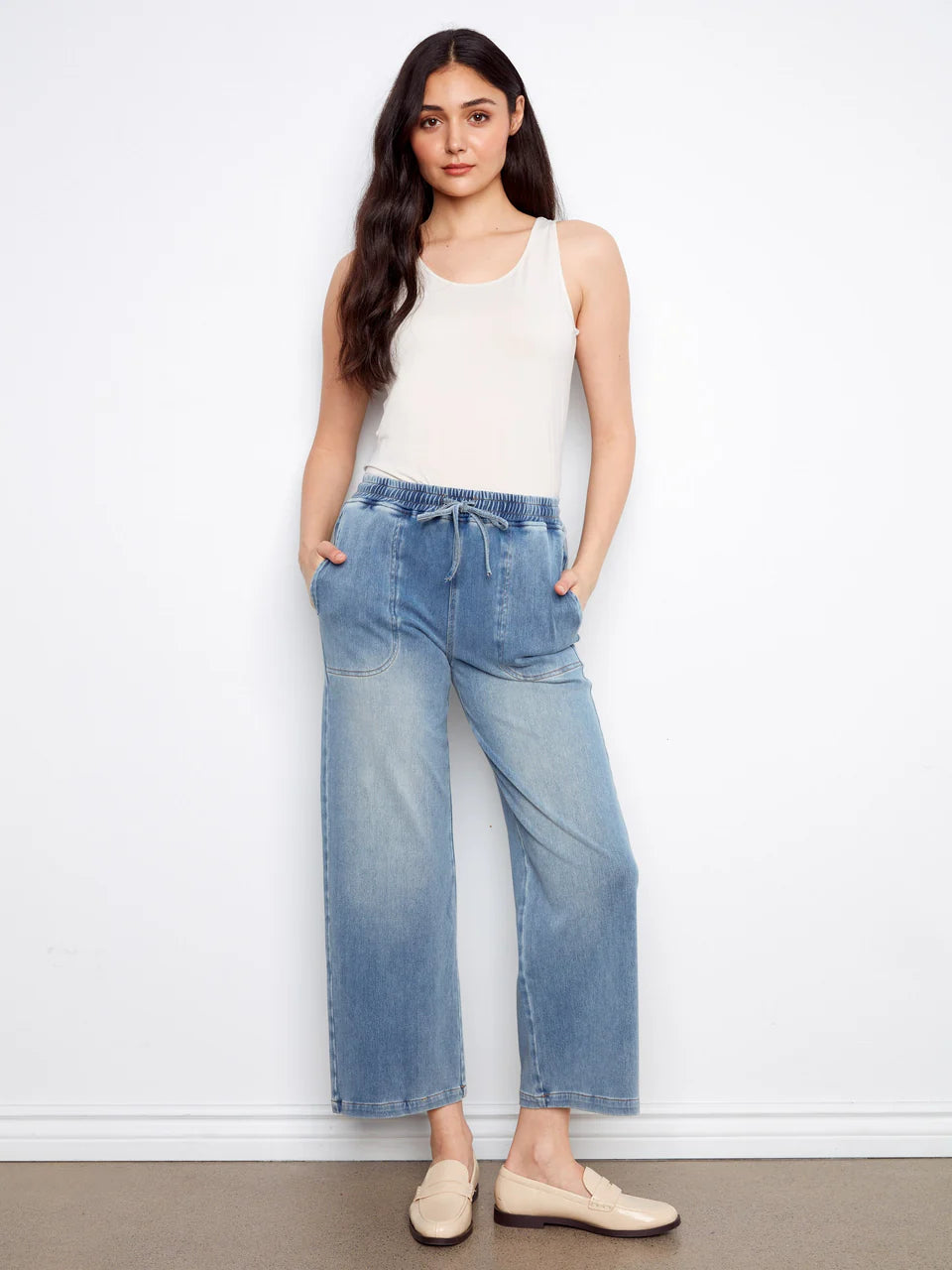 Charlie B Knit Denim Wide Leg Jogger Pants - Medium Blue 1