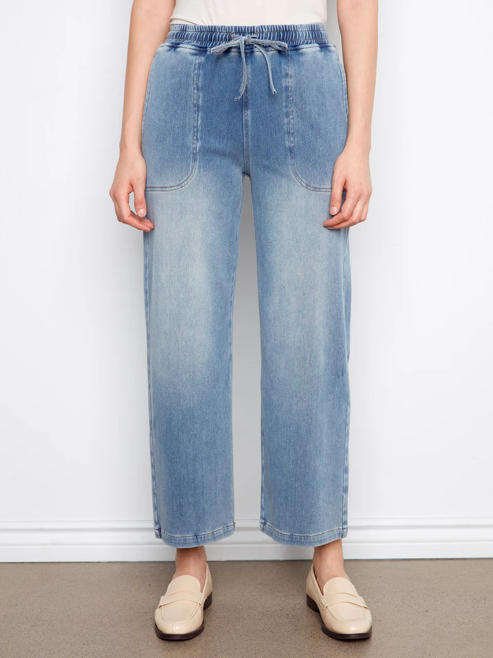 Charlie B Knit Denim Wide Leg Jogger Pants - Medium Blue 2