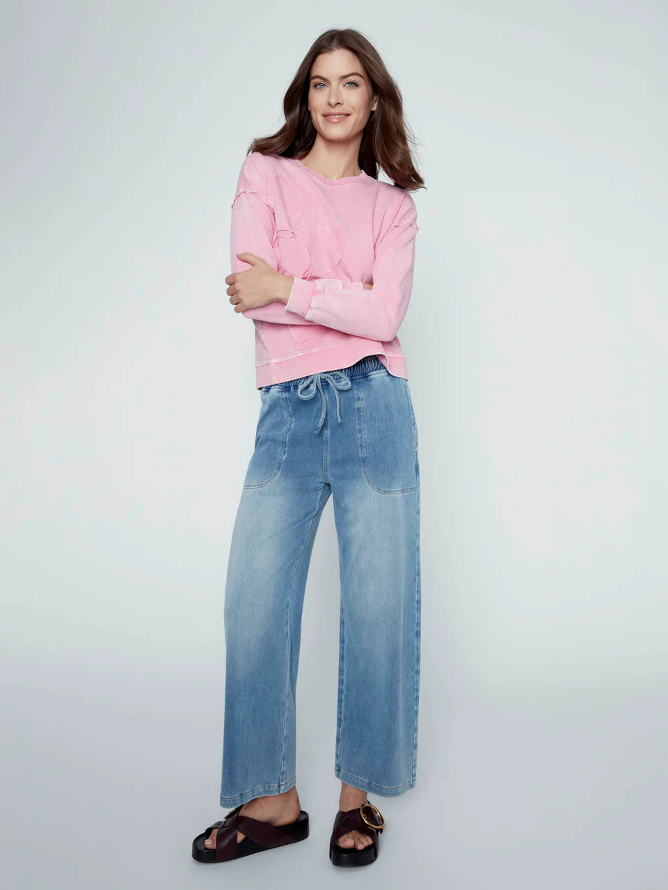 Charlie B Knit Denim Wide Leg Jogger Pants - Medium Blue 3