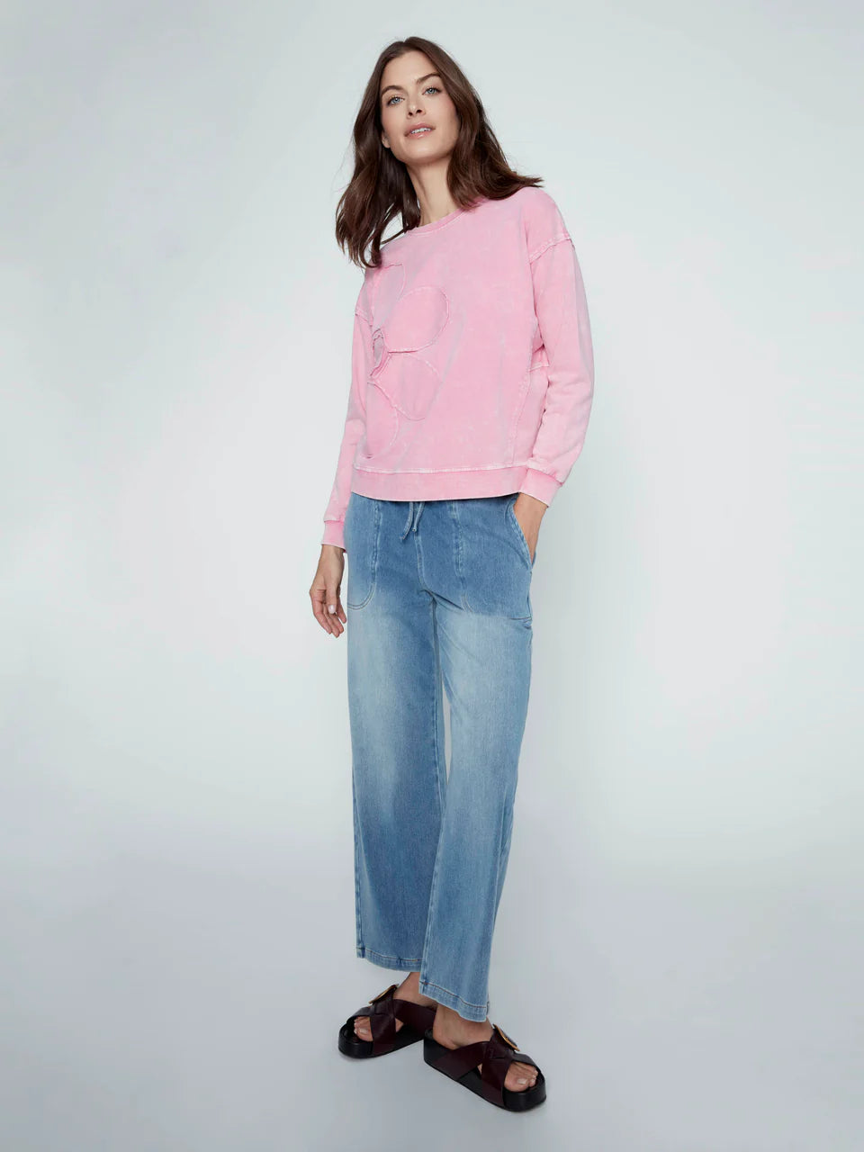 Charlie B Knit Denim Wide Leg Jogger Pants - Medium Blue 4