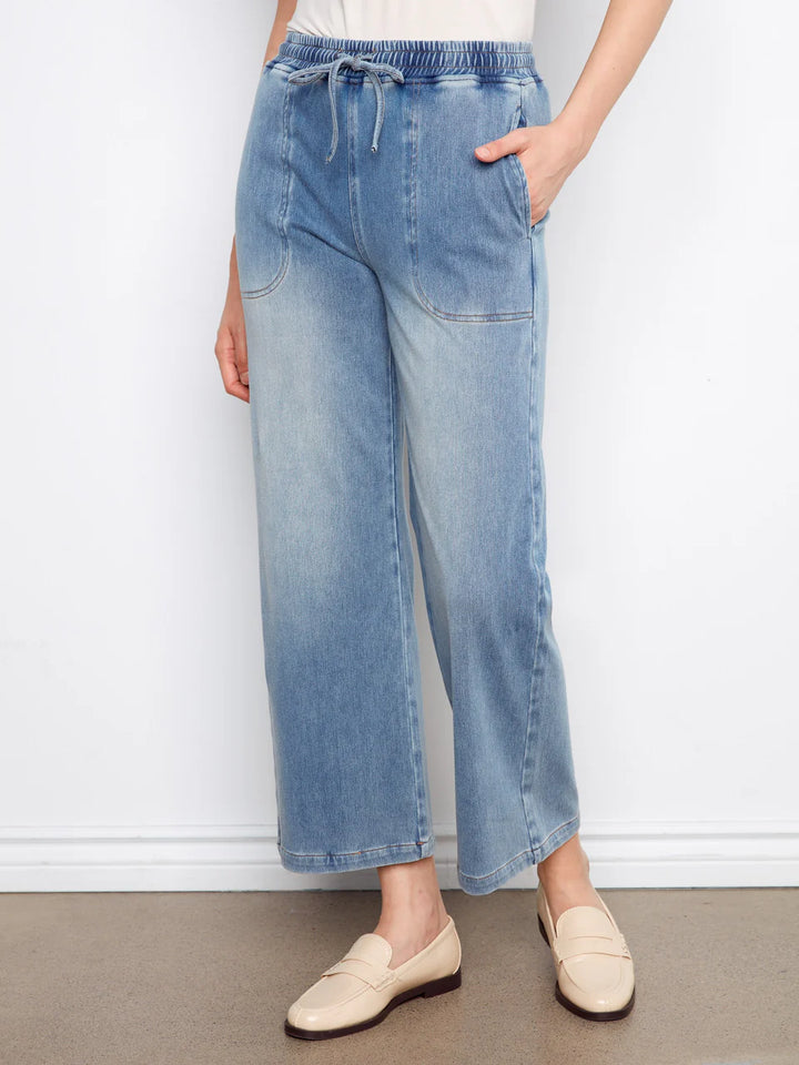 Charlie B Knit Denim Wide Leg Jogger Pants - Medium Blue 4