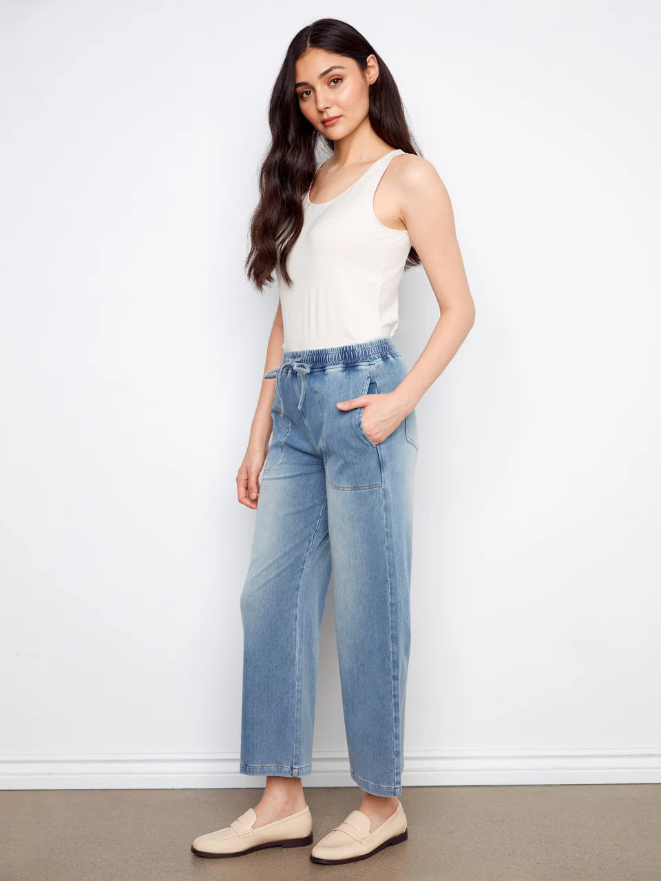 Charlie B Knit Denim Wide Leg Jogger Pants - Medium Blue 5