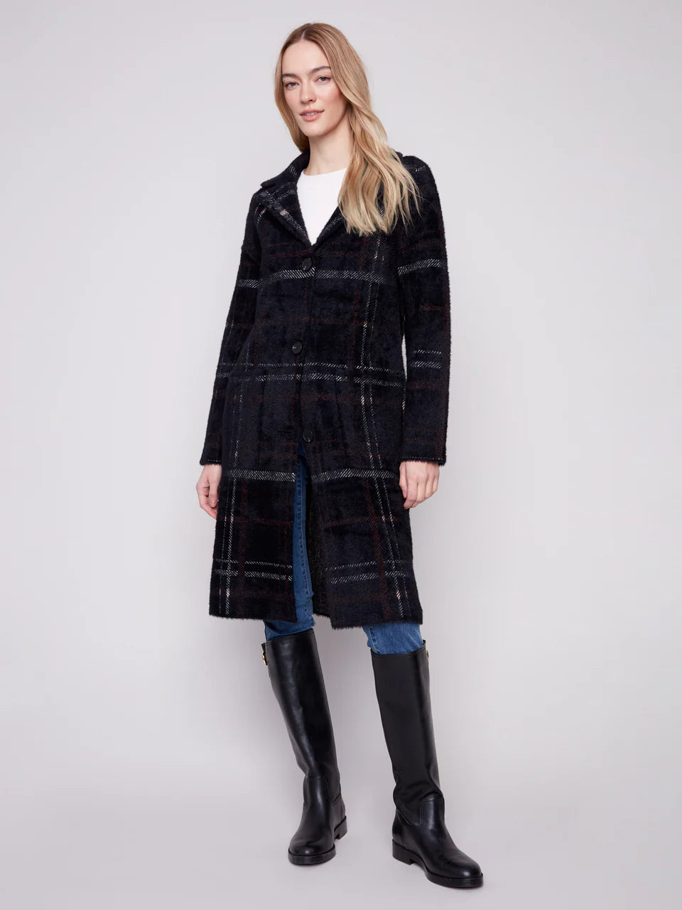 Charlie B Long Plaid Knit Coatigan - Mocha 3