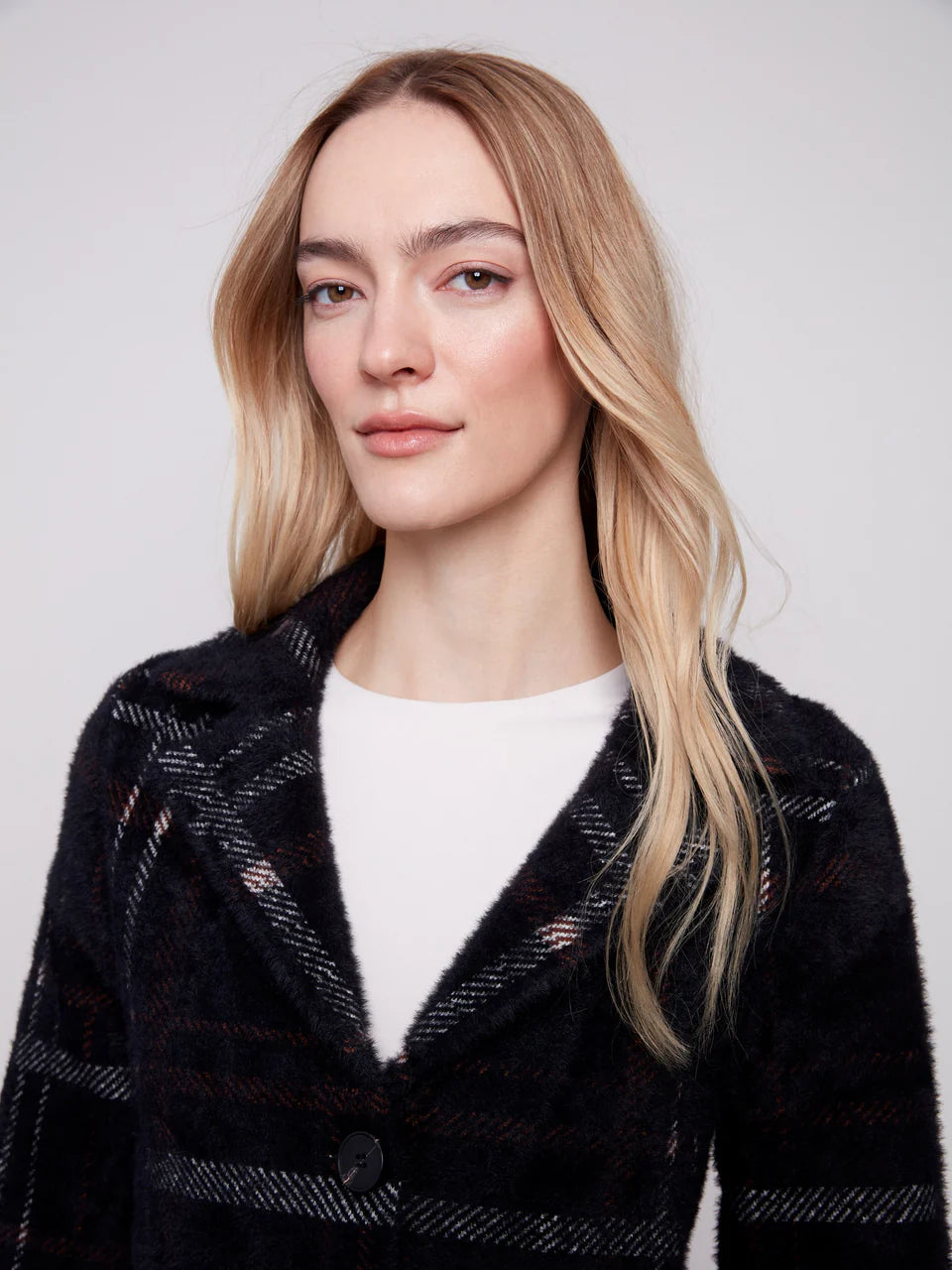 Charlie B Long Plaid Knit Coatigan - Mocha 4