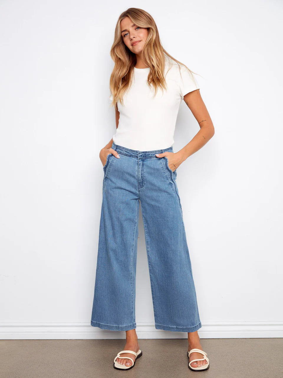 Charlie B Wide Leg Jeans With Scalloped Edges - Soft Blue 1