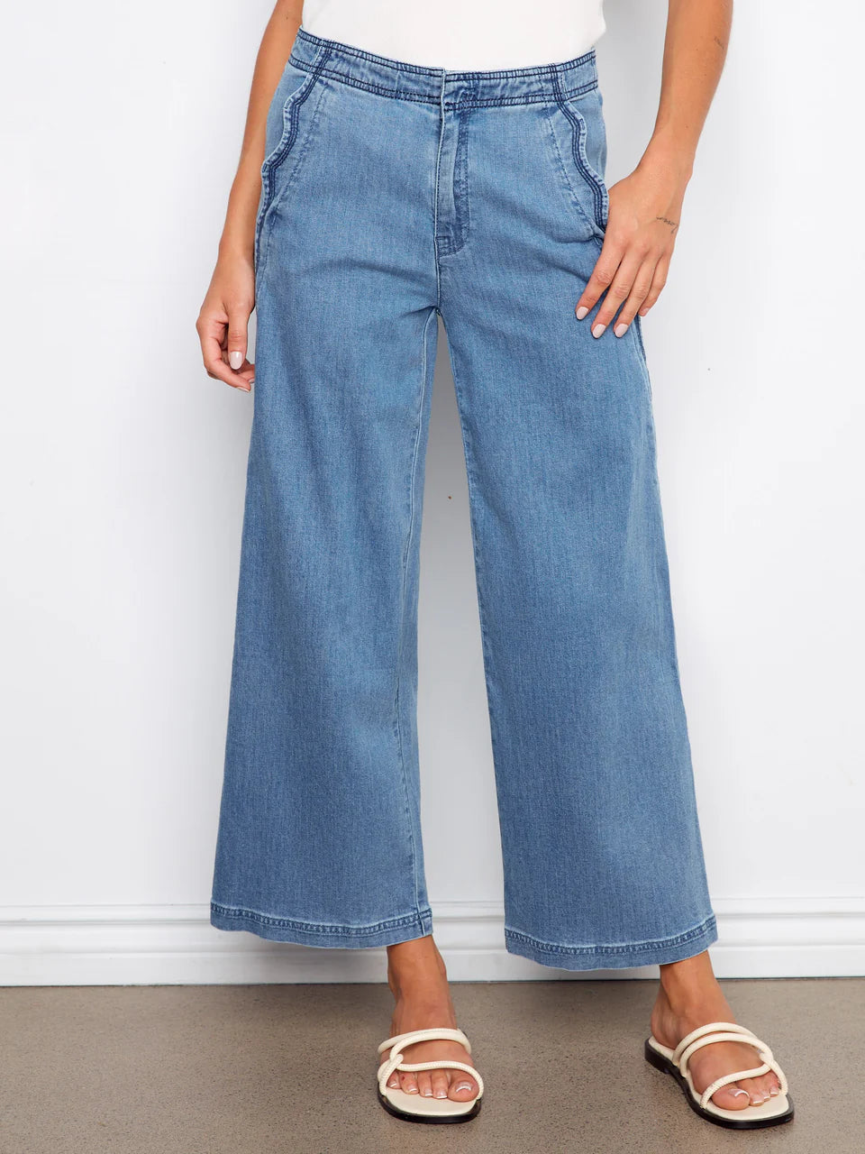 Charlie B Wide Leg Jeans With Scalloped Edges - Soft Blue 2