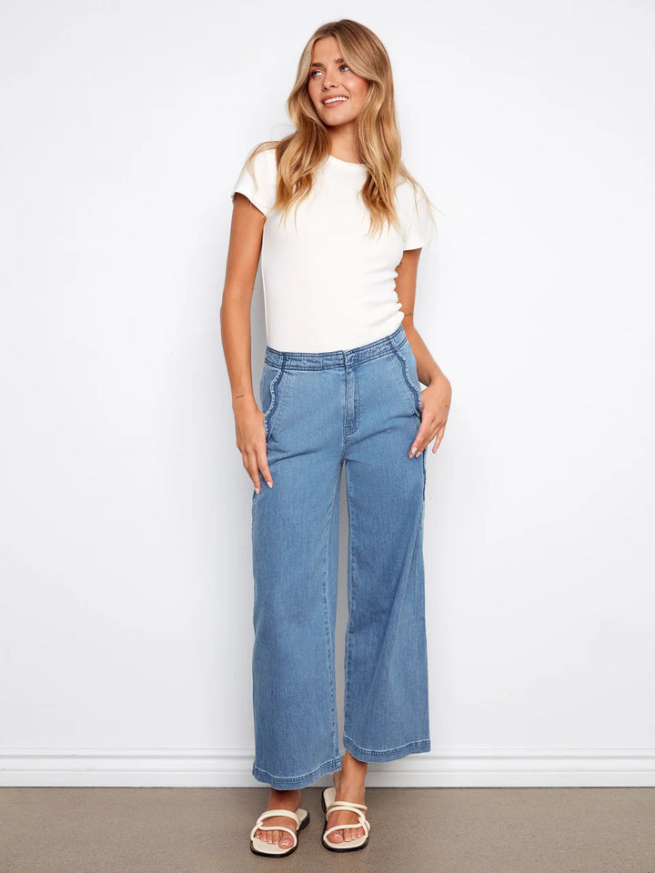 Charlie B Wide Leg Jeans With Scalloped Edges - Soft Blue 4