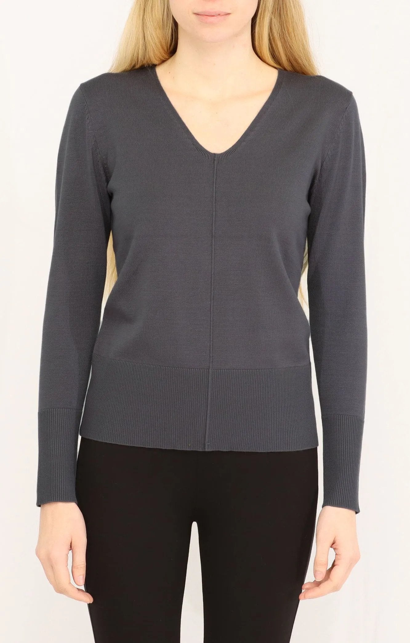 Center Seam V-neck Sweater Front.