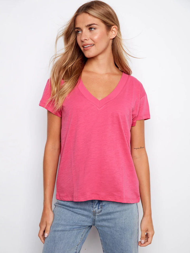Charlie B Organic Cotton Drop Shoulder V-Neck T-Shirt Fuchsia 1