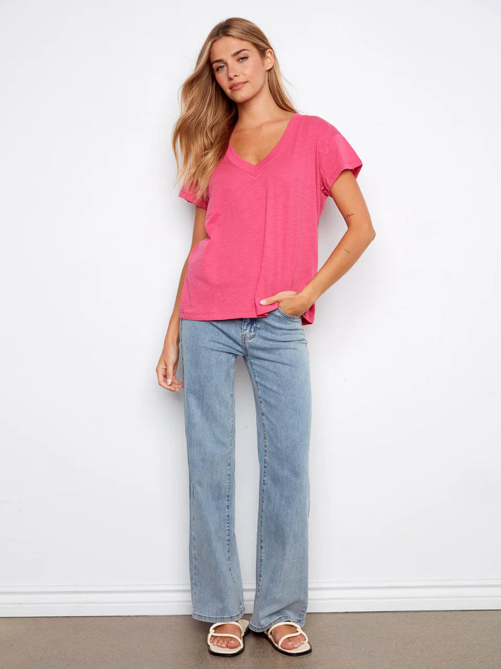 Charlie B Organic Cotton Drop Shoulder V-Neck T-Shirt Fuchsia 2