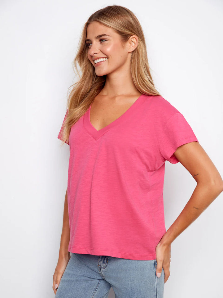 Charlie B Organic Cotton Drop Shoulder V-Neck T-Shirt Fuchsia 4
