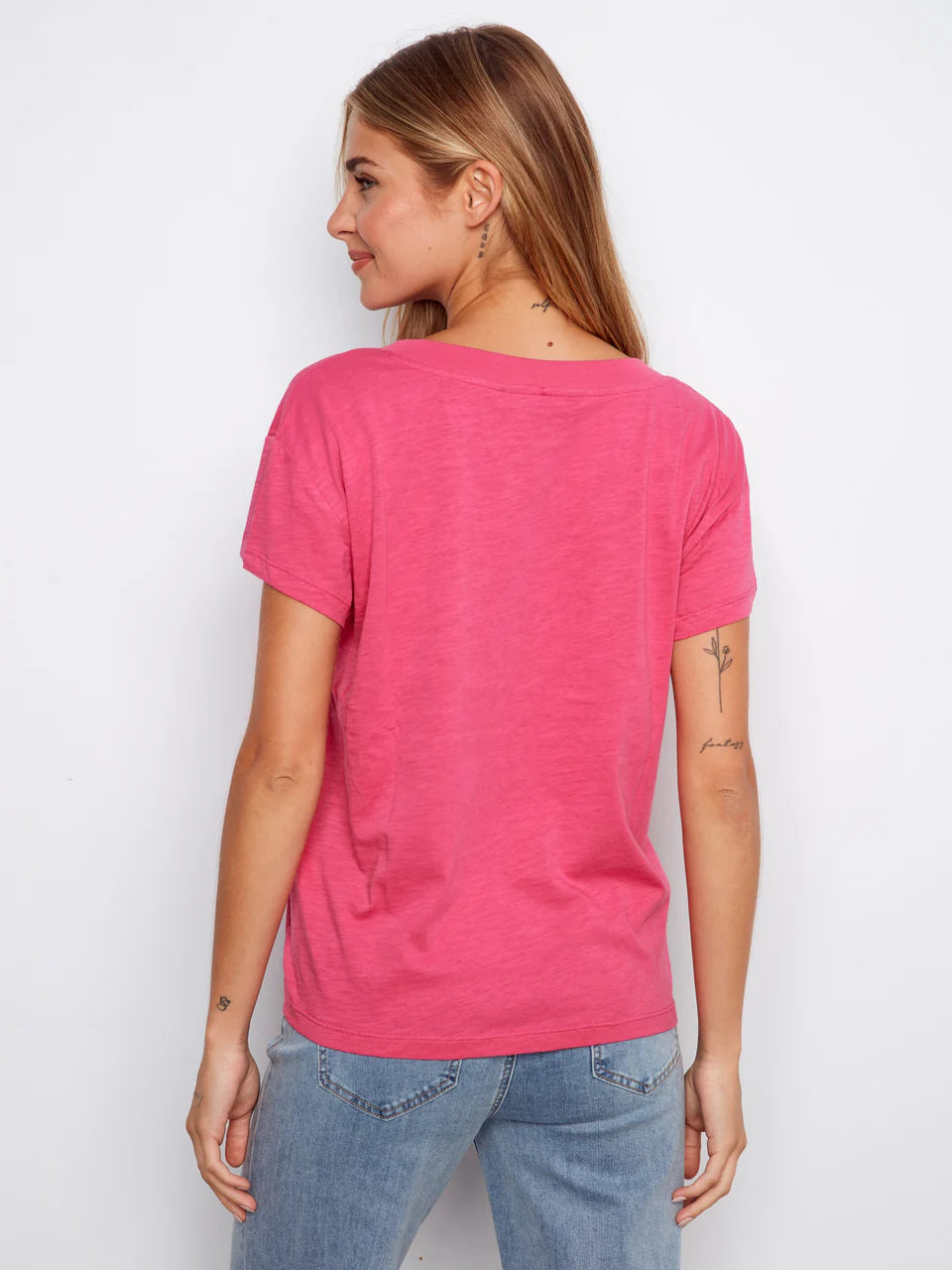 Charlie B Organic Cotton Drop Shoulder V-Neck T-Shirt Fuchsia 5