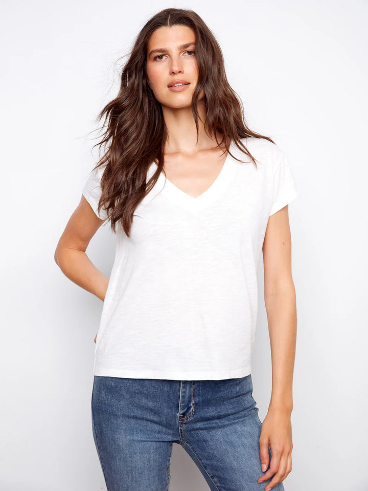 Charlie B Organic Cotton Drop Shoulder V-Neck T-Shirt White 4